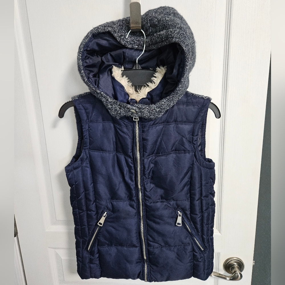 Foreign Exchange Hooded Puffer Vest Navy Blue Heather Faux Fur Womens Small